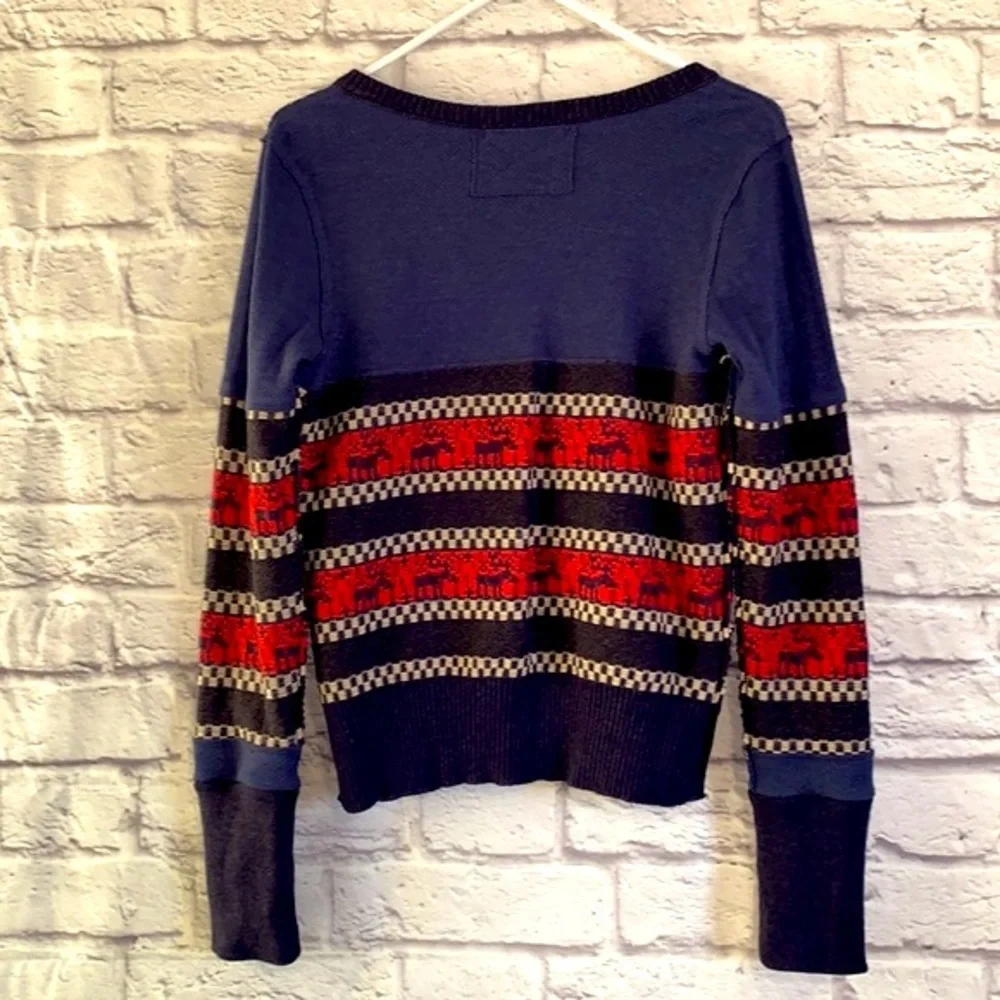 We The Free Navy Blue and Red Striped Scoop Neck Sweater